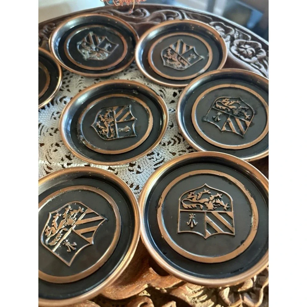 Vintage Hyde Park Copper Metal Coasters Set of 8 Heraldic Crest Shield Caddy MCM